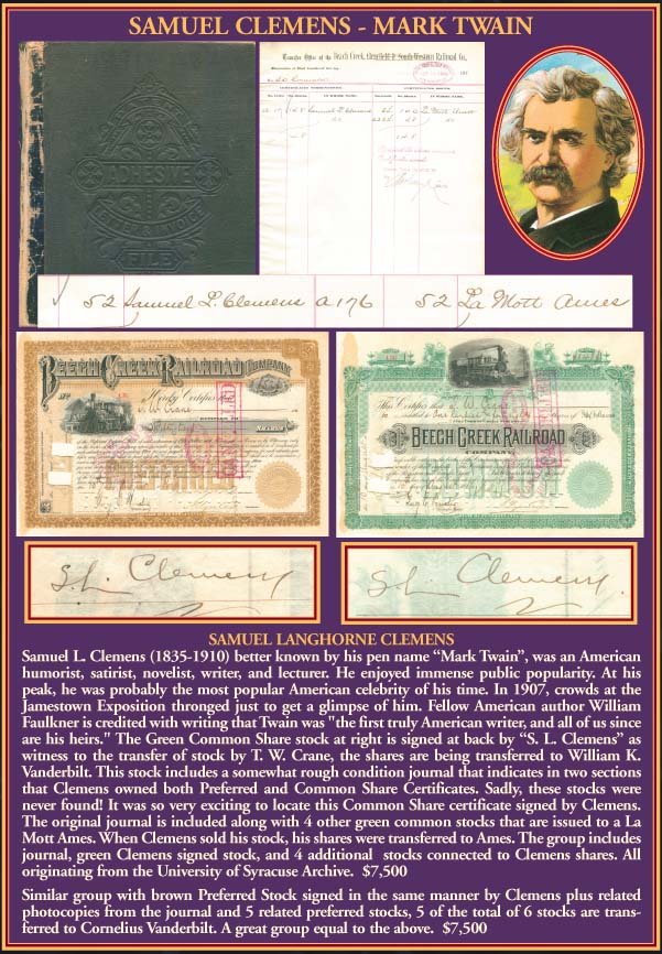 Samuel Clemens - Mark Twain - signed Beech Creek Railroad Stock Certificate